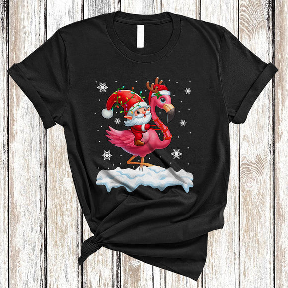 MacnyStore - Santa Gnome Riding Flamingo, Awesome Christmas Lights Flamingo Lover, X-mas Gnomes Animal T-Shirt