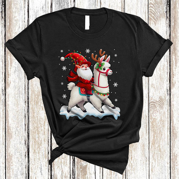 MacnyStore - Santa Gnome Riding Llama, Awesome Christmas Lights Llama Lover, X-mas Gnomes Animal T-Shirt