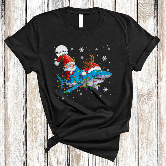 MacnyStore - Santa Gnome Riding Shark, Awesome Christmas Lights Shark Lover, X-mas Gnomes Animal T-Shirt