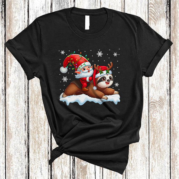 MacnyStore - Santa Gnome Riding Sloth, Awesome Christmas Lights Sloth Lover, X-mas Gnomes Animal T-Shirt