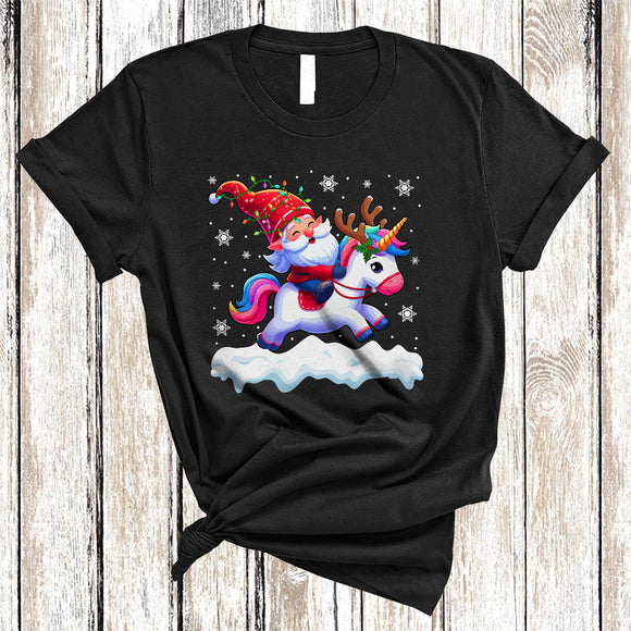 MacnyStore - Santa Gnome Riding Unicorn, Awesome Christmas Lights Unicorn Lover, X-mas Gnomes Animal T-Shirt