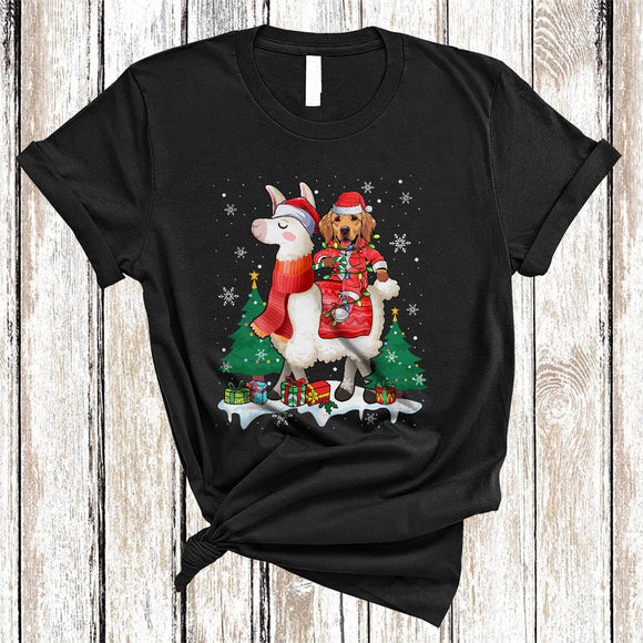 MacnyStore - Santa Golden Retriever Riding Llama, Funny Adorable Christmas Llama, X-mas Snow Animal Lover T-Shirt