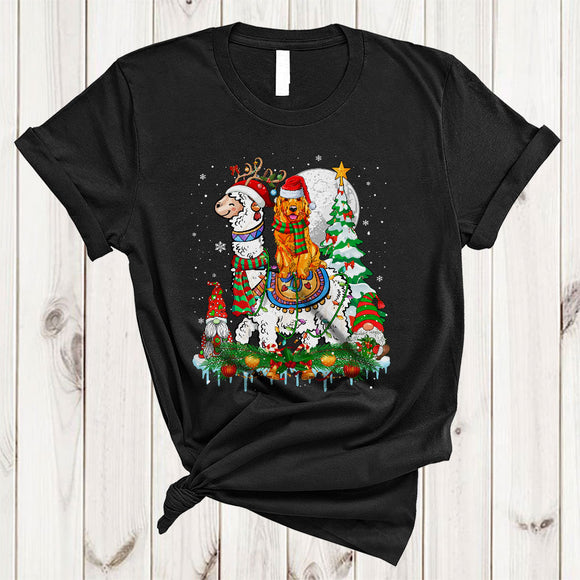 MacnyStore - Santa Golden Retriever Riding Llama, Wonderful Christmas Lights Gnomes, X-mas Tree Snow T-Shirt
