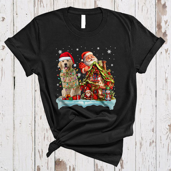MacnyStore - Santa Golden Retriever With Santa Gnome Xmas House Happy Merry Christmas Snow Lights Dog T-Shirt