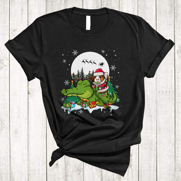 MacnyStore - Santa Guinea Pig Riding Alligator As Reindeer, Lovely Christmas Animal Lover, X-mas Snow Around T-Shirt
