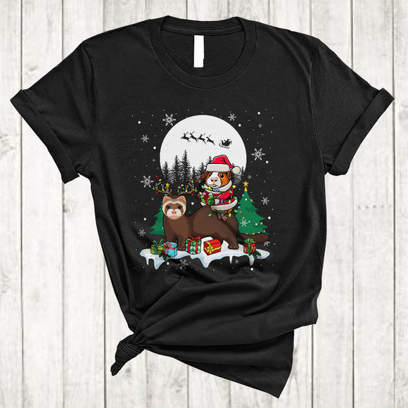 MacnyStore - Santa Guinea Pig Riding Ferret As Reindeer, Lovely Christmas Animal Lover, X-mas Snow Around T-Shirt
