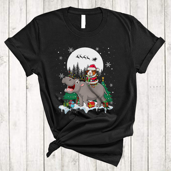 MacnyStore - Santa Guinea Pig Riding Hippo As Reindeer, Lovely Christmas Animal Lover, X-mas Snow Around T-Shirt