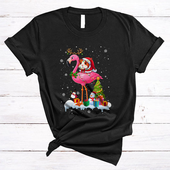 MacnyStore - Santa Guinea Pig Riding Reindeer Flamingo, Joyful Christmas Lights Animal Lover, X-mas Tree Snow Around T-Shirt