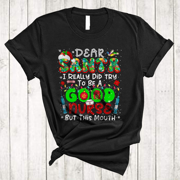 MacnyStore - Santa I Really Did Try To Be A Good Nurse, Sarcastic Christmas Lights Snow, X-mas Group T-Shirt