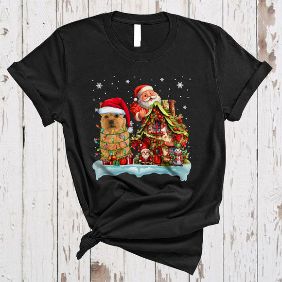 MacnyStore - Santa Norwich Terrier With Santa Gnome Xmas House Happy Merry Christmas Snow Lights Dog T-Shirt