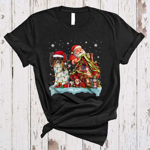 MacnyStore - Santa Papillon With Santa Gnome Xmas House Happy Merry Christmas Snow Lights Dog T-Shirt