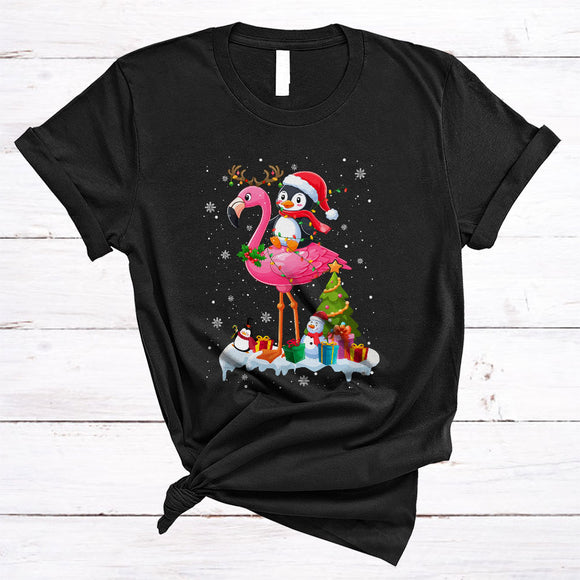 MacnyStore - Santa Penguin Riding Reindeer Flamingo, Joyful Christmas Lights Animal Lover, X-mas Tree Snow Around T-Shirt
