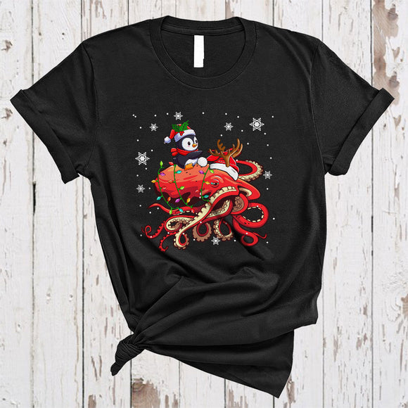 MacnyStore - Santa Penguin Riding Reindeer Octopus, Wonderful Christmas Lights Sea Animal, X-mas Lights T-Shirt