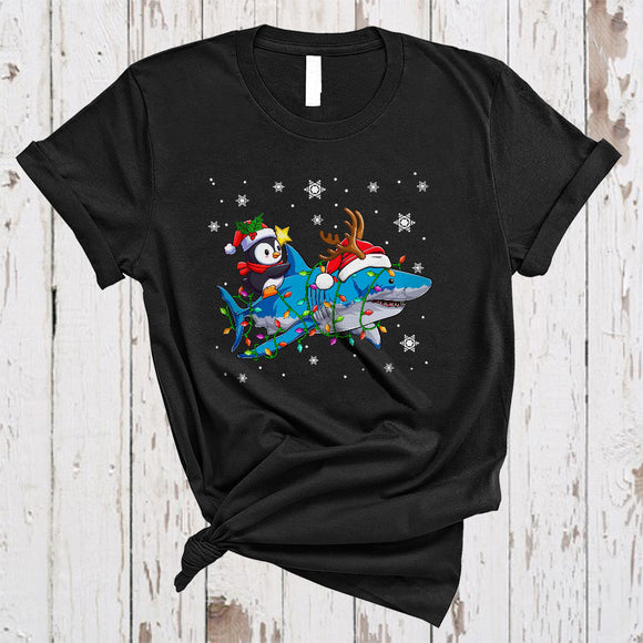 MacnyStore - Santa Penguin Riding Reindeer Shark, Wonderful Christmas Lights Sea Animal, X-mas Lights T-Shirt