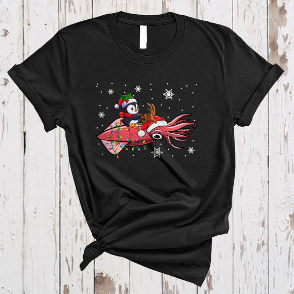 MacnyStore - Santa Penguin Riding Reindeer Squid, Wonderful Christmas Lights Sea Animal, X-mas Lights T-Shirt