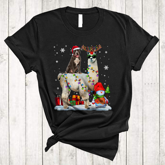 MacnyStore - Santa Pit Bull Riding Reindeer ELF Llama Merry Cool Christmas Lights Llama Dog Xmas T-Shirt