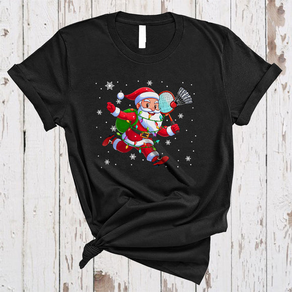 MacnyStore - Santa Playing Badminton, Joyful Christmas Sport Player Team Lover, X-mas Lights Snow Around T-Shirt