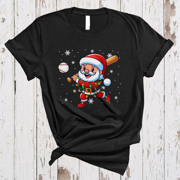 MacnyStore - Santa Playing Baseball, Joyful Christmas Sport Player Team Lover, X-mas Lights Snow Around T-Shirt