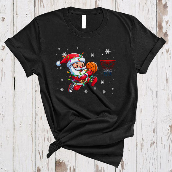 MacnyStore - Santa Playing Basketball, Joyful Christmas Sport Player Team Lover, X-mas Lights Snow Around T-Shirt