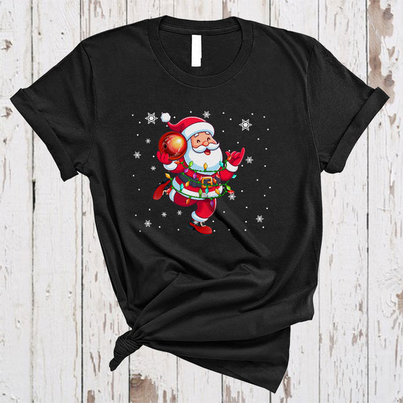MacnyStore - Santa Playing Bowling, Joyful Christmas Sport Player Team Lover, X-mas Lights Snow Around T-Shirt