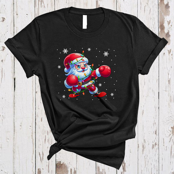 MacnyStore - Santa Playing Boxing, Joyful Christmas Sport Player Team Lover, X-mas Lights Snow Around T-Shirt