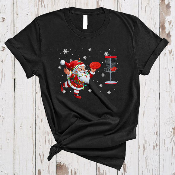 MacnyStore - Santa Playing Disc Golf, Joyful Christmas Sport Player Team Lover, X-mas Lights Snow Around T-Shirt