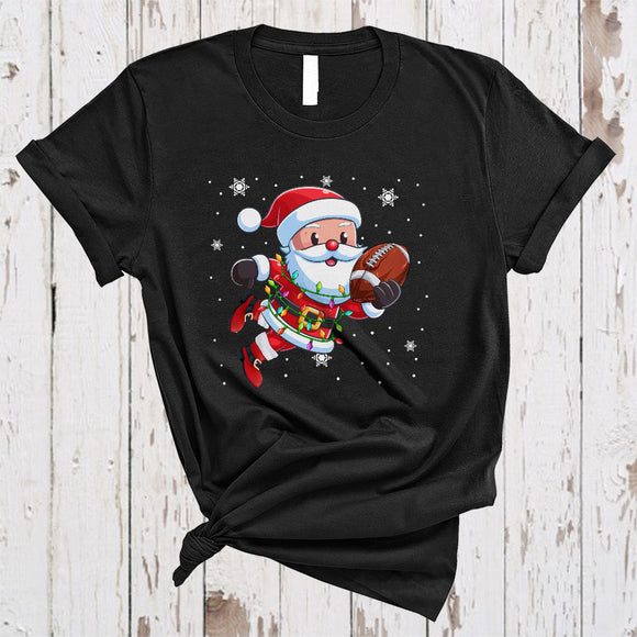 MacnyStore - Santa Playing Football, Joyful Christmas Sport Player Team Lover, X-mas Lights Snow Around T-Shirt