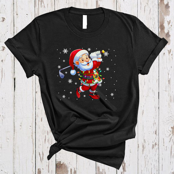 MacnyStore - Santa Playing Golf, Joyful Christmas Sport Player Team Lover, X-mas Lights Snow Around T-Shirt