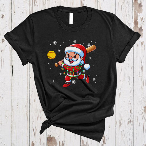 MacnyStore - Santa Playing Softball, Joyful Christmas Sport Player Team Lover, X-mas Lights Snow Around T-Shirt