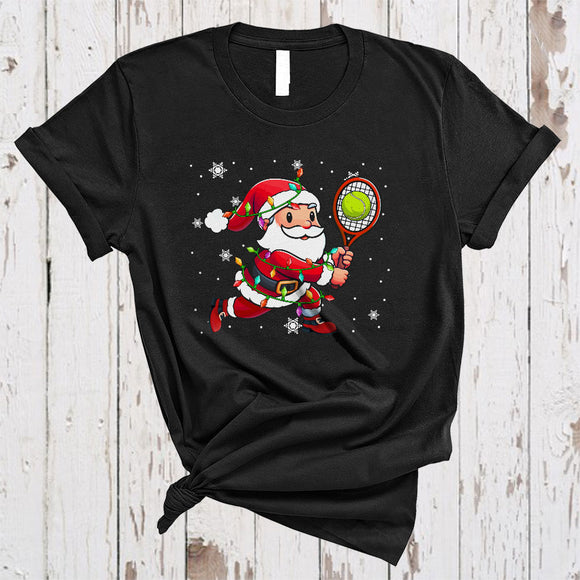 MacnyStore - Santa Playing Tennis, Joyful Christmas Sport Player Team Lover, X-mas Lights Snow Around T-Shirt