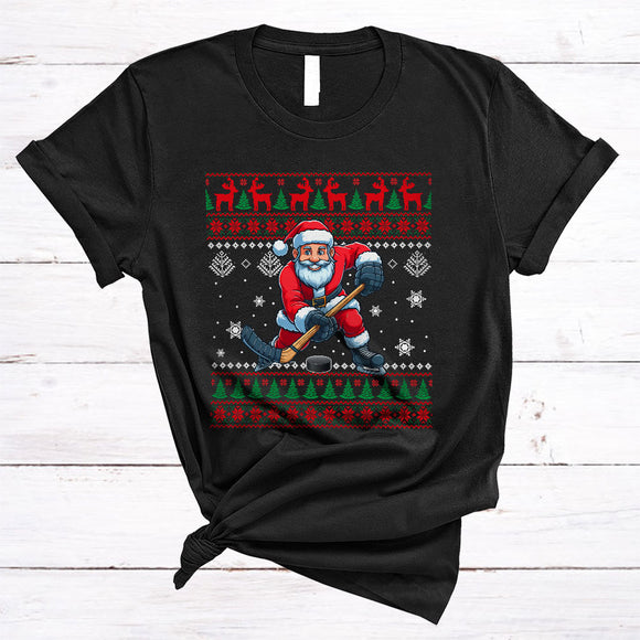 MacnyStore - Santa Playing Hockey, Joyful Christmas Sweater Hockey Player, Matching X-mas Sport Team T-Shirt