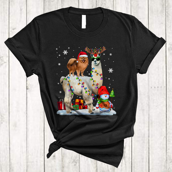 MacnyStore - Santa Pomeranian Riding Reindeer ELF Llama Merry Cool Christmas Lights Llama Dog Xmas T-Shirt