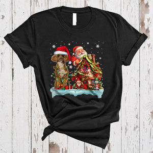 MacnyStore - Santa Poodle With Santa Gnome Xmas House Happy Merry Christmas Snow Lights Dog T-Shirt