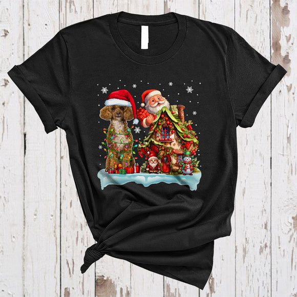 MacnyStore - Santa Poodle With Santa Gnome Xmas House Happy Merry Christmas Snow Lights Dog T-Shirt