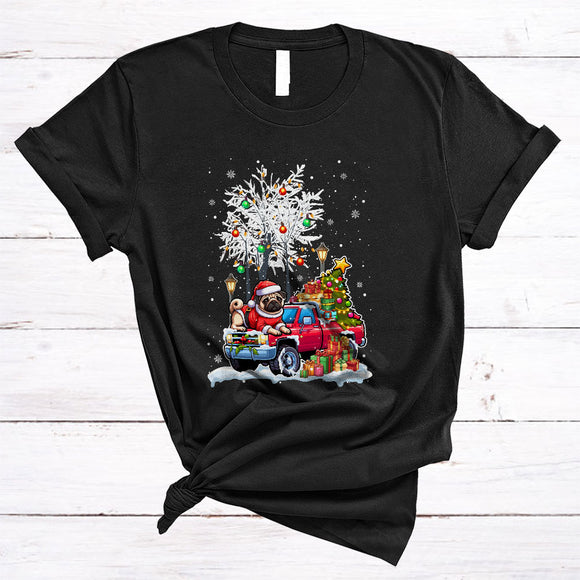MacnyStore - Santa Pug On Pickup Truck, Lovely Christmas Tree Lights, X-mas Pajamas Family Group T-Shirt