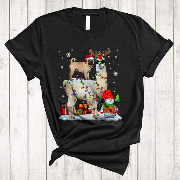 MacnyStore - Santa Pug Riding Reindeer ELF Llama Merry Cool Christmas Lights Llama Dog Xmas T-Shirt