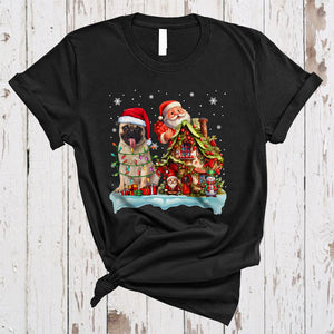 MacnyStore - Santa Pug With Santa Gnome Xmas House Happy Merry Christmas Snow Lights Dog T-Shirt