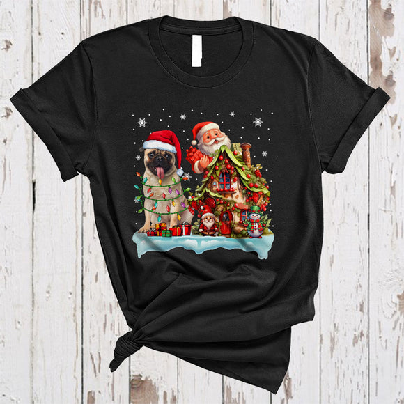 MacnyStore - Santa Pug With Santa Gnome Xmas House Happy Merry Christmas Snow Lights Dog T-Shirt