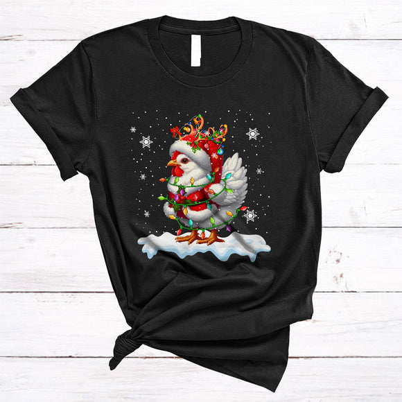 MacnyStore - Santa Reindeer Chicken Snow Around, Amazing Cute Christmas Lights Farmer, Farm Animal T-Shirt