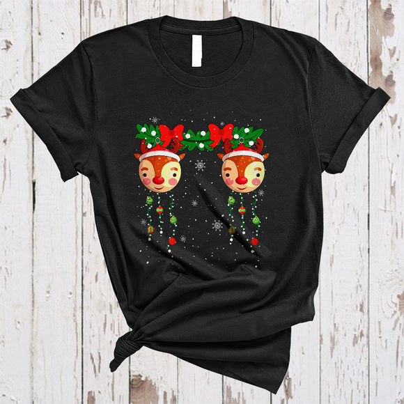 MacnyStore - Santa Reindeer Christmas Baubles Boobs, Adorable X-mas Ornaments, Women Snow Around T-Shirt