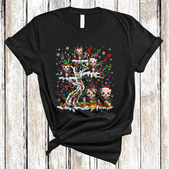 MacnyStore - Santa Reindeer ELF Ferret On Christmas Tree Lights Cute Merry Xmas Christmas Animal Lover T-Shirt