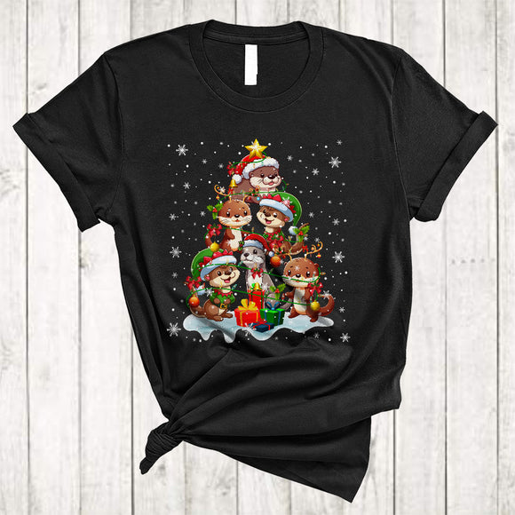 MacnyStore - Santa Reindeer ELF Otter As Christmas Tree, Adorable Otter Zoo Animal, Snow Around X-mas T-Shirt