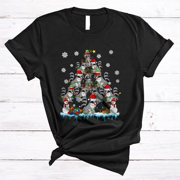 MacnyStore - Santa Reindeer ELF Raccoon Christmas Tree, Amazing X-mas Lights Animal, Family Pajamas Group T-Shirt