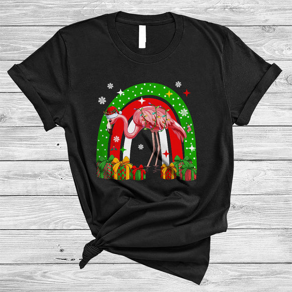 MacnyStore - Santa Reindeer Flamngo With Rainbow, Adorable Christmas Flamingo, X-mas Lights Animal Lover T-Shirt