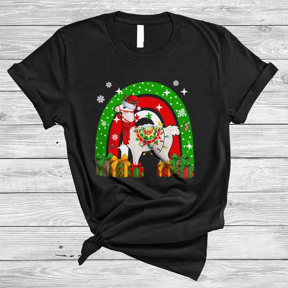 MacnyStore - Santa Reindeer Llama With Rainbow, Adorable Christmas Llama, X-mas Lights Animal Lover T-Shirt