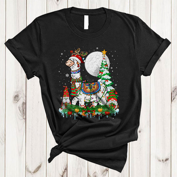 MacnyStore - Santa Reindeer Llama, Wonderful Christmas Lights Gnomes Llama, X-mas Lights Tree Snow T-Shirt