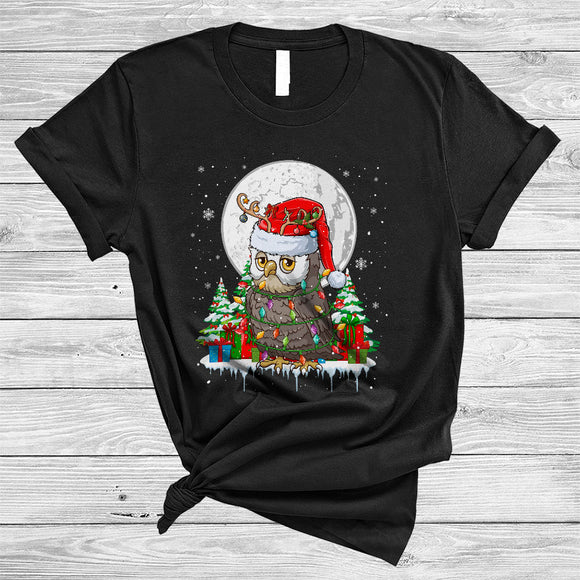MacnyStore - Santa Reindeer Owl With X-mas Lights, Cute Christmas Owl Lover, Matching Bird Group T-Shirt