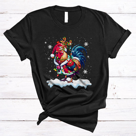 MacnyStore - Santa Reindeer Rooster Snow Around, Amazing Cute Christmas Lights Farmer, Farm Animal T-Shirt