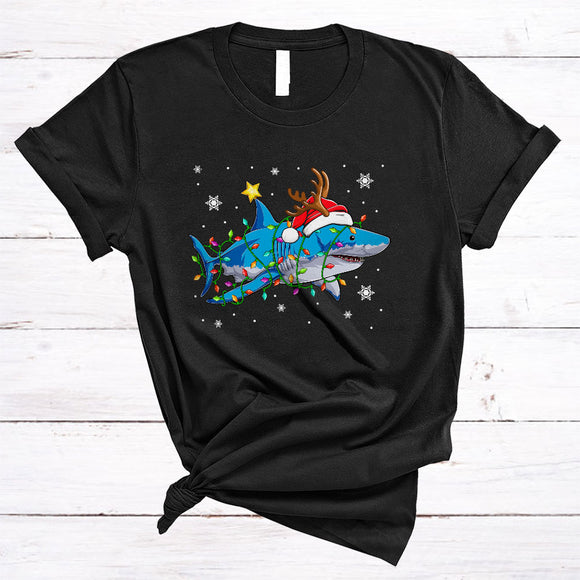 MacnyStore - Santa Reindeer Shark, Awesome Plaid Christmas Lights Shark Lover, X-mas Snow Around T-Shirt
