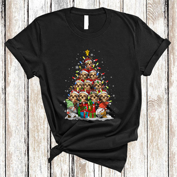 MacnyStore - Santa Reindeer Sloth Christmas Tree, Colorful X-mas Lights Animal, Pajama Family Group T-Shirt